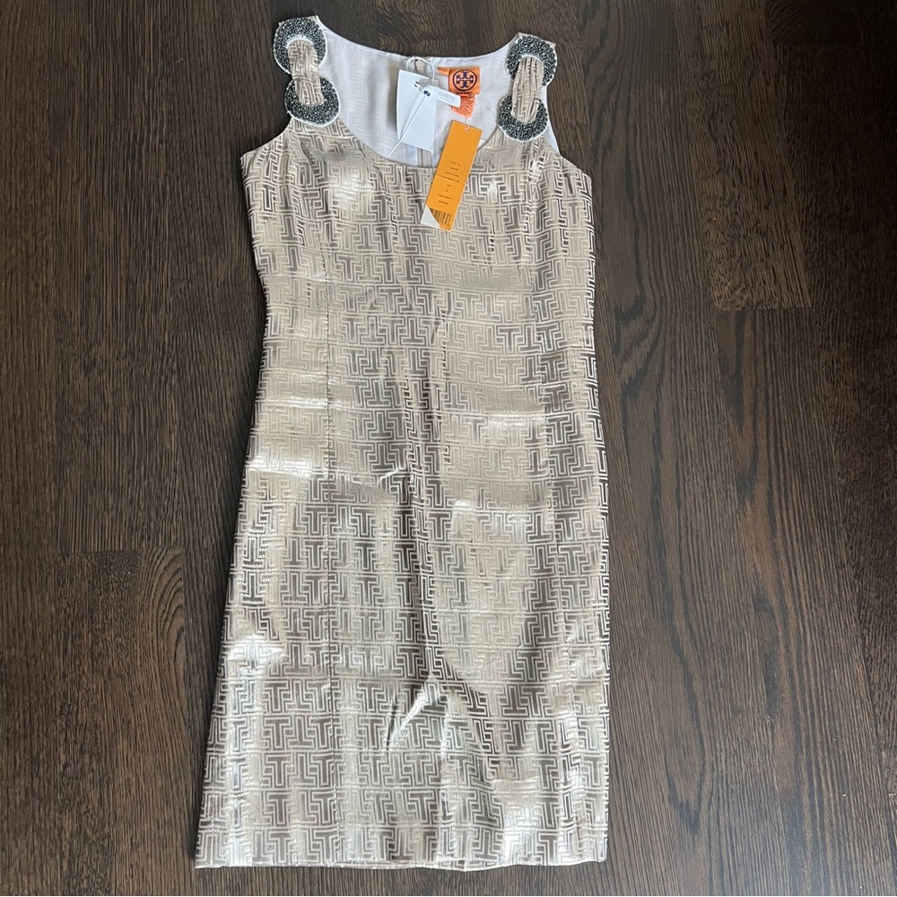NWT Tory Burch Silver and Black‎ Patterned beaded Dress, size 6